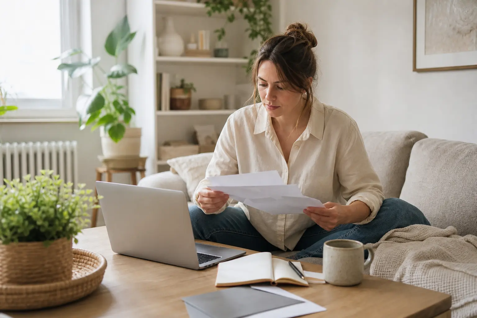 Woman on the sofa going through bills with a laptop