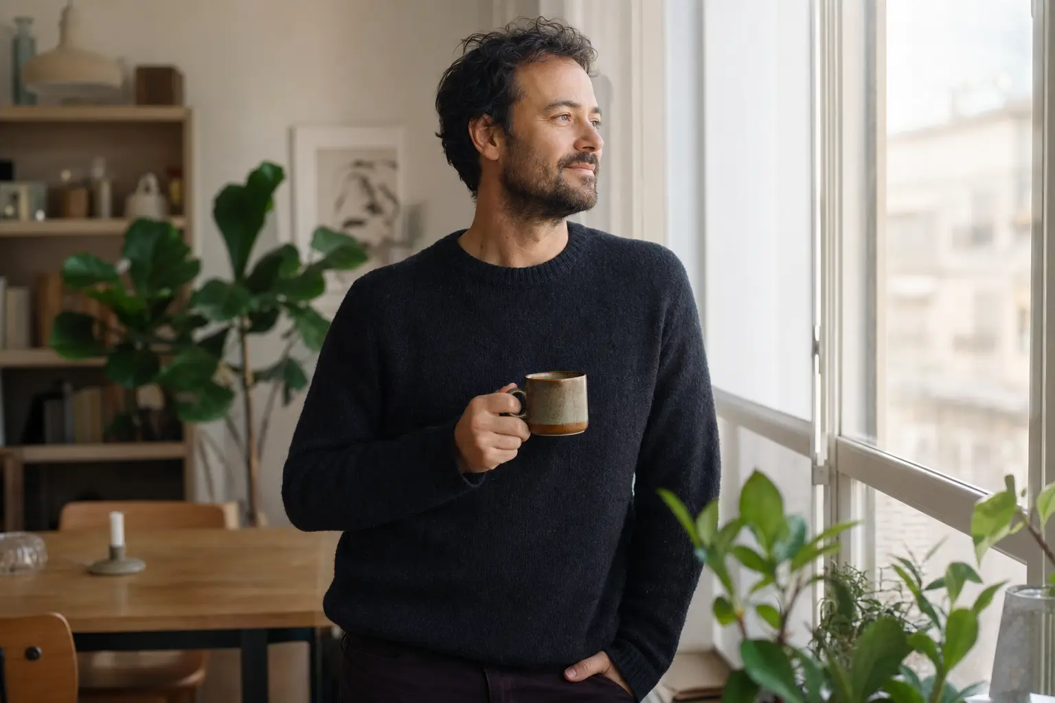 Mand står ved vinduet med en kop kaffe, rolig og tryg