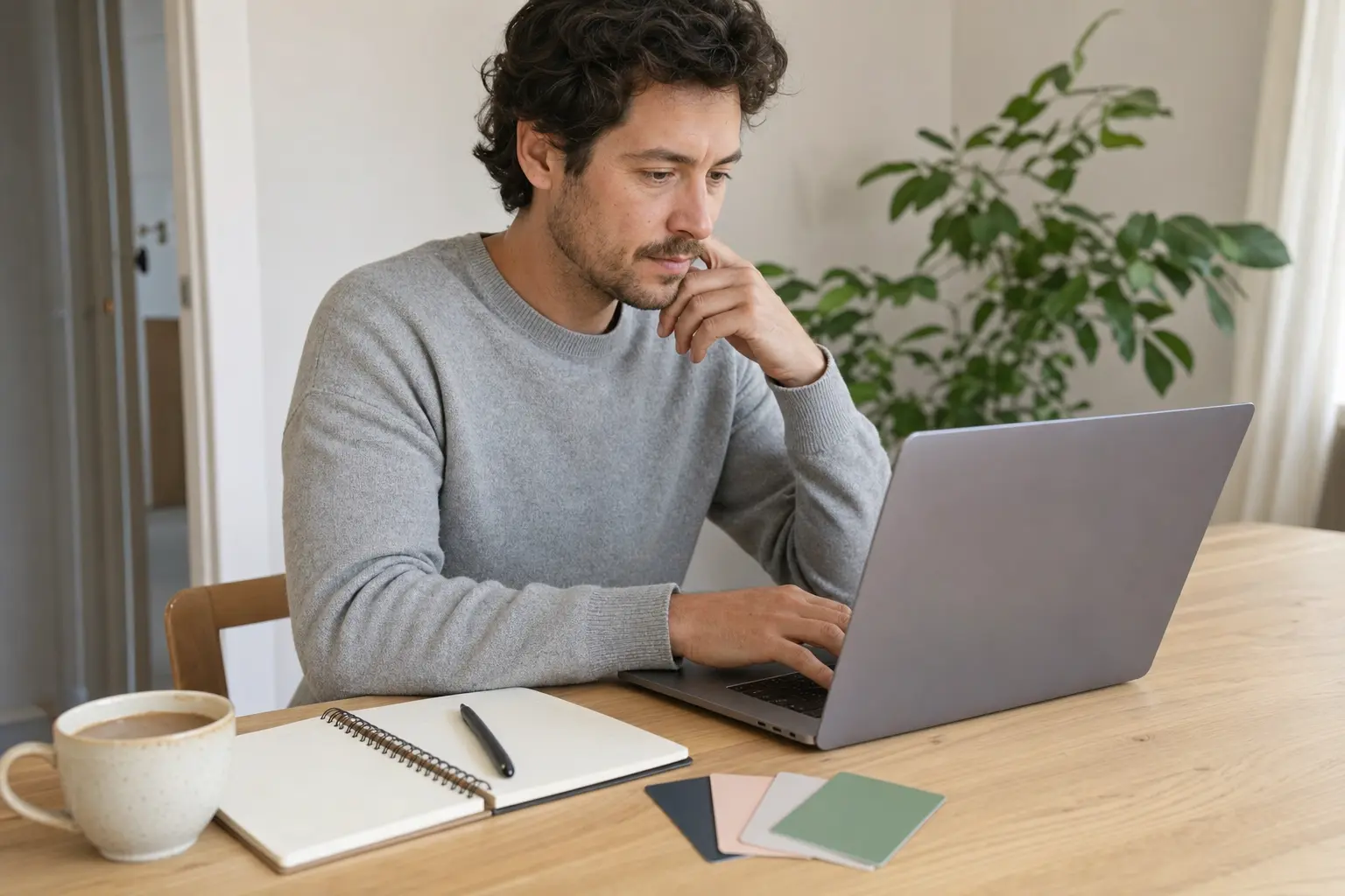 Man at a desk with a laptop and several bank cards on the table