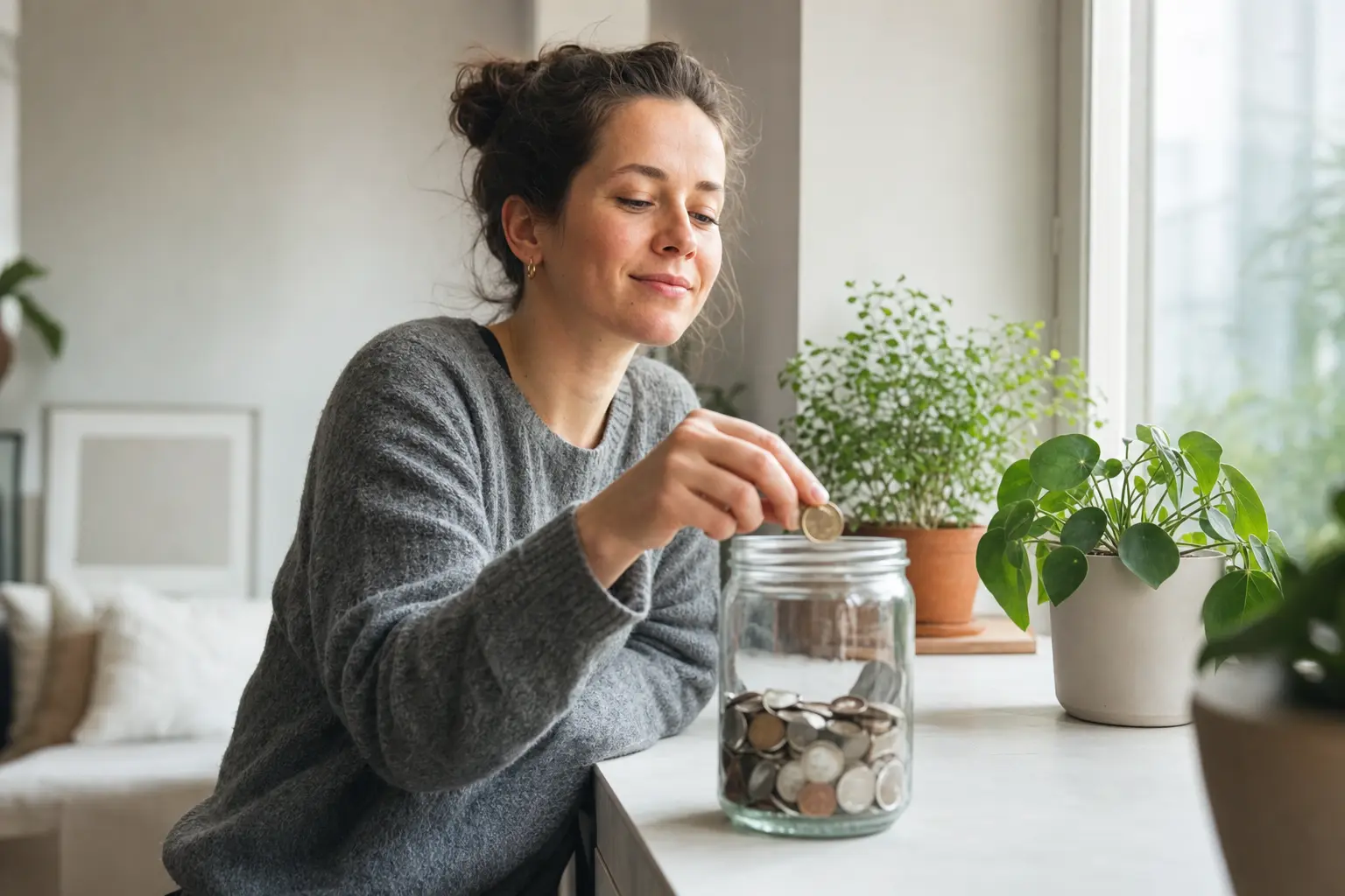 Woman dropping a coin into a glass savings jar on a windowsill