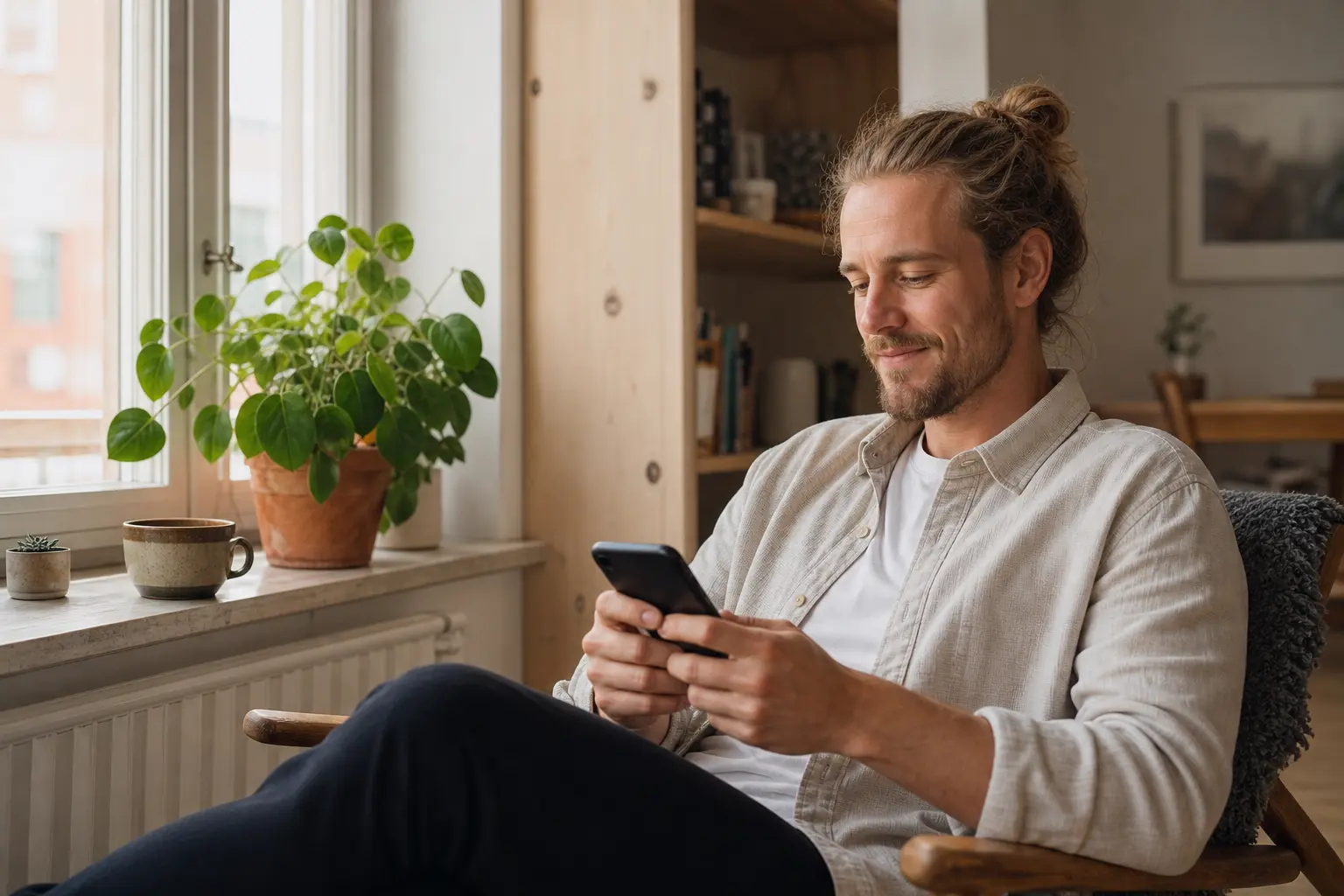 Mand sidder afslappet i en stol og bruger banktjenester på mobilen